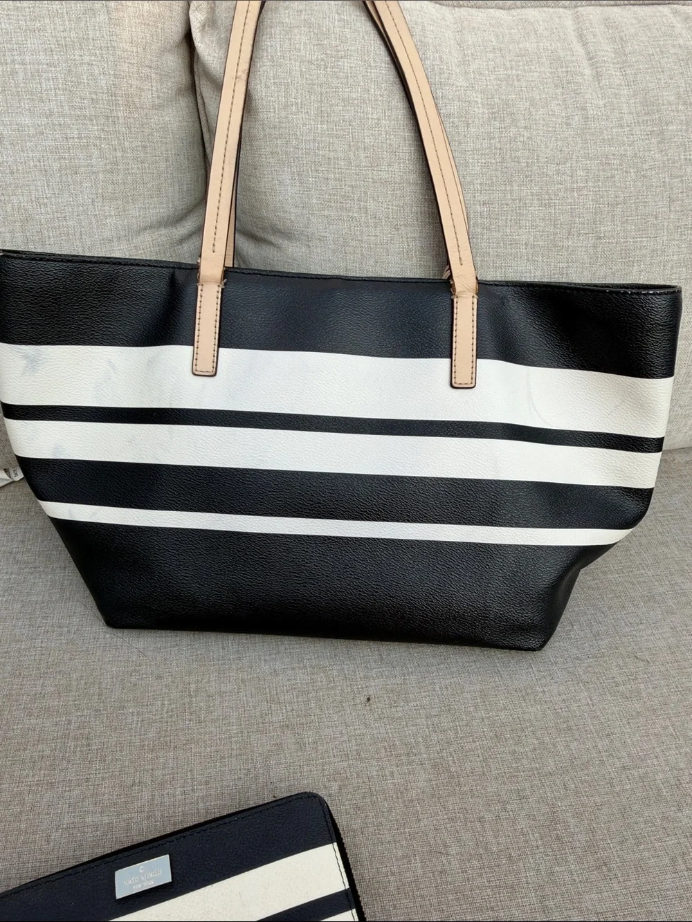 kate spade Black and White Striped Tote with Beige Handles and Matching Wallet